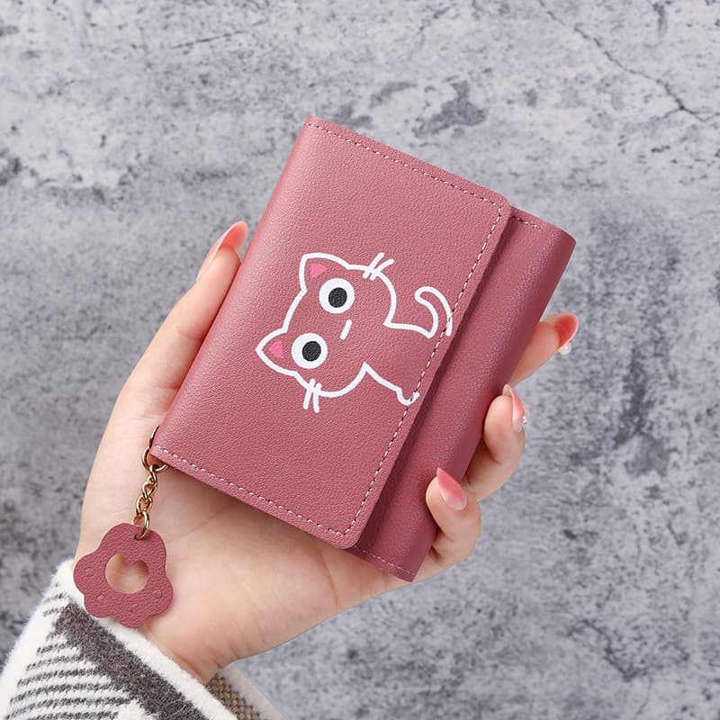 Compact Cat Design Faux Leather Pocket Wallet(Dark Pink)