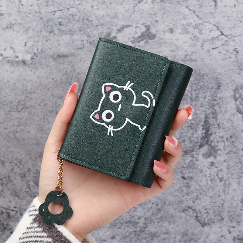 Compact Cat Design Faux Leather Pocket Wallet(Dark Green)