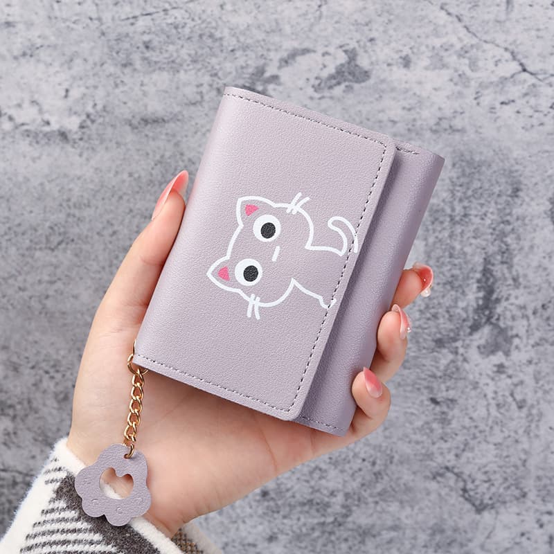 Compact Cat Design Faux Leather Pocket Wallet(Lilac)