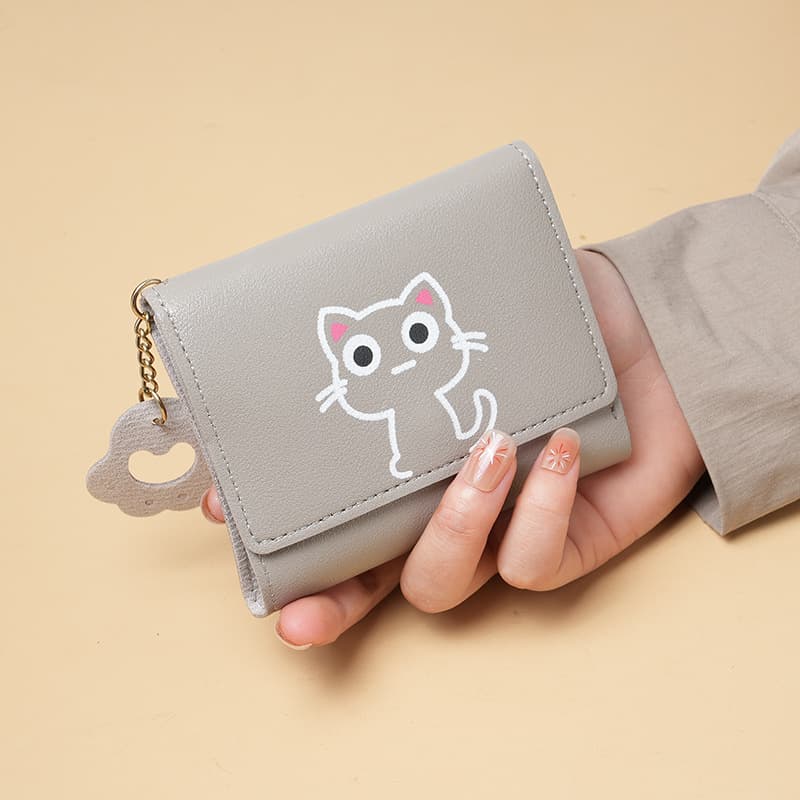 Compact Cat Design Faux Leather Pocket Wallet(Grey)